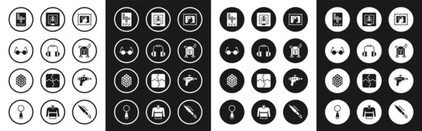 Set Postal stamp, Headphones, Eyeglasses, Crossword, Viking in horned helmet, Insects frame, Ray gun and Rubik cube icon. Vector — стоковый вектор