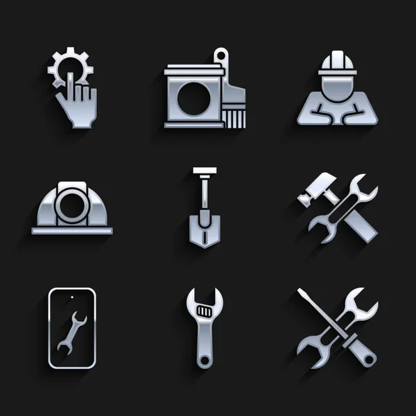 Встановіть лопату, регульований гайковий ключ, викрутку та молоток, мобільний сервіс, безпечний шолом для робітників, будівельник та налаштування на піктограмі руки. Векторні — стоковий вектор