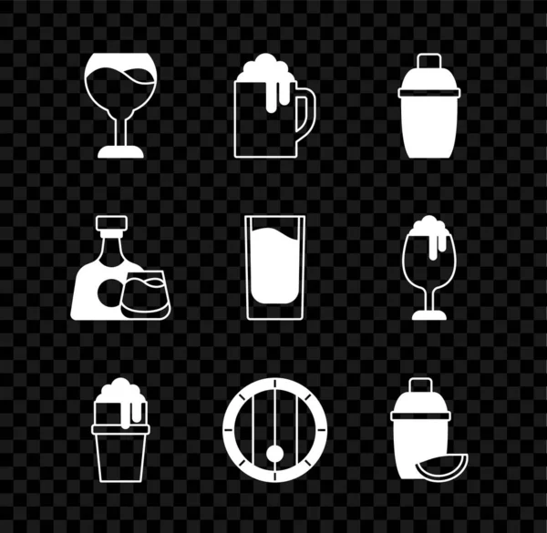 Set Verre à vin, tasse de bière en bois, shaker Cocktail, verre de, baril, avec citron vert, bouteille de whisky et et icône de tir. Vecteur — Image vectorielle