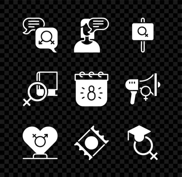 Set Gender equality, Female opinion, Feminist activist, Condom package, Teacher, Book about women and Calendar with 8 March icon. Vector — ストックベクタ
