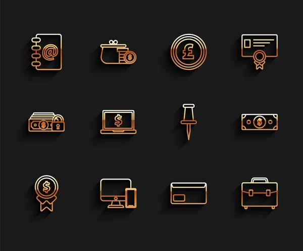 Set line Belohnung für gute Arbeit, Computer-Monitor und Handy, Adressbuch, Umschlag, Aktentasche, Laptop mit Dollar-Symbol, Stapelt Papiergeld Bargeld und Push-Pin-Symbol. Vektor — Stockvektor