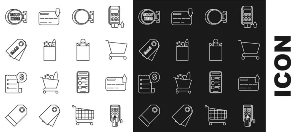 Setzen Sie Linie Pos Terminal mit eingesteckter Kreditkarte, Kredit, Warenkorb, Schild hängen, Papier Einkaufstasche und Lebensmittel, Preisschild Beschriftung Verkauf, hier und Symbol. Vektor — Stockvektor