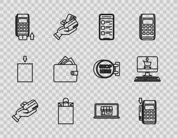 Set line Human hand holding with credit card, Online shopping on mobile phone, Paper bag, Wallet stacks paper money cash, Shopping building screen laptop and cart computer icon. Vector — Vettoriale Stock