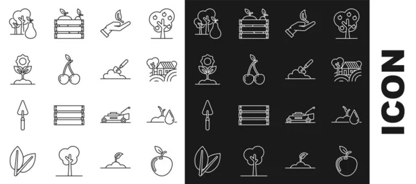 Set line Apple, Watering sprout, Farm House concept, Sprout hand of environmental protection, Cherry, Flower, Tree with pears and Garden trowel spade or shovel the ground icon. Vector — стоковый вектор