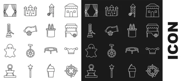 Set line Target sport for shooting competition, Fast street food cart awning, Firework rocket, Cannon, High striker attraction big hammer, Curtain and Magician and rabbit ears icon. Vector — Image vectorielle