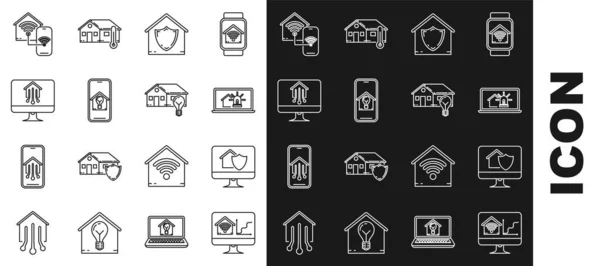 Ställ in linje Datorskärm med smart hem med wi-fi, hus under skydd, Laptop och larm, Hus, Mobiltelefon glödlampa, Smart och ikon. Vektor — Stock vektor