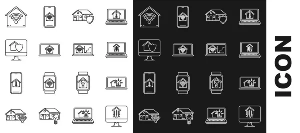 Набор мониторов с умным домом, топовым домом и сигнализацией, домом под защитой, wi-fi, Smart и иконкой. Вектор — стоковый вектор