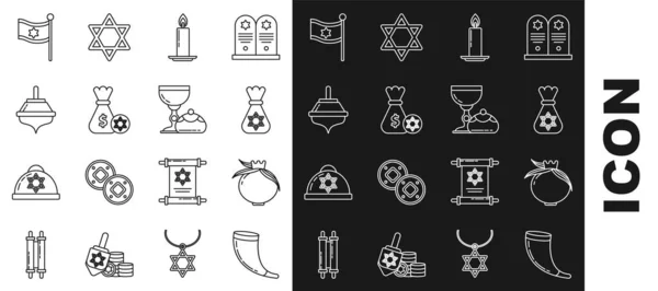Ορισμός γραμμή Παραδοσιακό κέρατο κριάρι, shofar, Ρόδι, εβραϊκή τσάντα χρήματα με αστέρι David, Burning κερί στο κηροπήγιο, κέρμα, Hanukkah dreidel, Σημαία Ισραήλ και Goblet hanukkah sufganiyot εικονίδιο. Διάνυσμα — Διανυσματικό Αρχείο