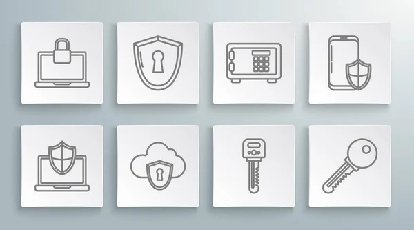 Set lijn Laptop beschermd met schild, Shield sleutelgat, Cloud en, Sleutel, Veilig, Smartphone beveiliging en slot pictogram. Vector — Stockvector