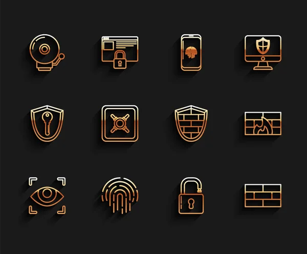 Set line Eye scan, Fingerprint, Ringing alarm bell, Open padlock, Bricks, Safe, Firewall, security wall and Shield with cyber brick icon. Vector — Vector de stock