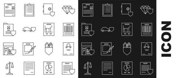 Satır sözleşmesini kalkan, sertifika şablonu, rapor dosya belgesi, kasa, araba, belge, kişisel ve grafik simgesi ile ayarla. Vektör