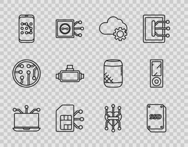 Satır dizüstü bilgisayarı, SSD kartı, Bulut teknolojisi veri transferi ve depolama, Sim, Mobil grafik şifre koruması, Sanal gerçeklik gözlükleri, işlemci ve müzik çalar simgesi. Vektör