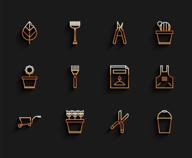 El arabası, saksıda bitkiler, Yaprak, Bahçe Yaprağı el yapımı makas, kova, tırmık, mutfak önlüğü ve bir paket özel bitki ikonu tohumu. Vektör