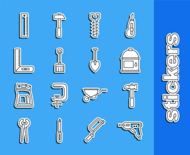 Elektrikli tutkal tabancası, pençe çekici, boya kovası, metal vida, kar küreği, köşe cetvel, cetvel ve kürek ikonu. Vektör