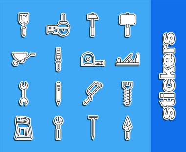 Çizgi Trowel, metal vida, tahta uçak aleti, çekiç, tahta keski, el arabası, macun bıçağı ve rulet inşaat ikonu. Vektör