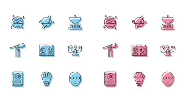 Astronomi, Satürn Gezegeni, Venüs, Uzaylı, Gökyüzünün Göksel Haritası, Güneş Sistemi, Teleskop ve Dünya 'nın yörüngesindeki uydular tarafından dizilmiş bir çizgi. Vektör