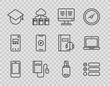Hat hattı cep telefonu, görev listesi, çevrimiçi kitap monitörü, fareli Elektronik, mezuniyet kapsülü küresi, video oyunu, USB flash disk ve dizüstü bilgisayar simgesi. Vektör