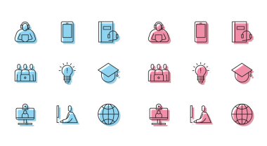 Çevrimiçi görüntülü sohbet konferansı, öğrenci bilgisayarı, sosyal ağ fikri olan ampul, mezuniyet kapağı küresi, çevrimiçi sınıf ve cep telefonu ikonu. Vektör