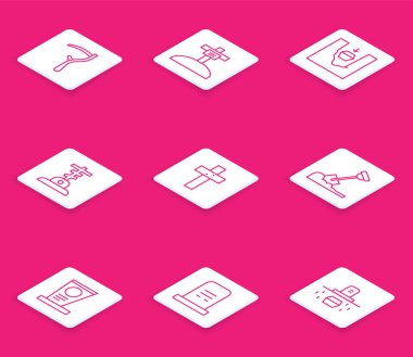 Çizgi tırpan, haçlı mezar, mezarda tabut, Hıristiyan mezarı, kürek zemin, mezar taşı ve ikon. Vektör