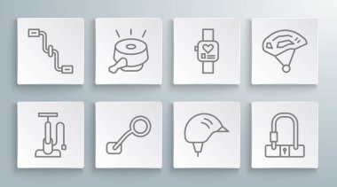 Hat ayarlayın bisiklet pompası, zil, dikiz aynası, miğfer, kilit, akıllı saat ve pedal simgesi. Vektör