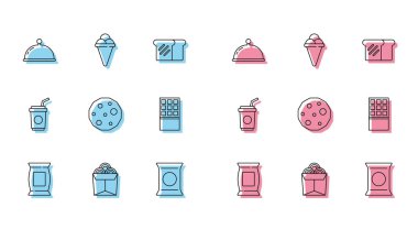 Çuval ya da paket patates cipsi, tepsiyle kaplı erişte, çikolatalı bisküvi, kamış kamışı ve dondurmalı waffle ikonu. Vektör