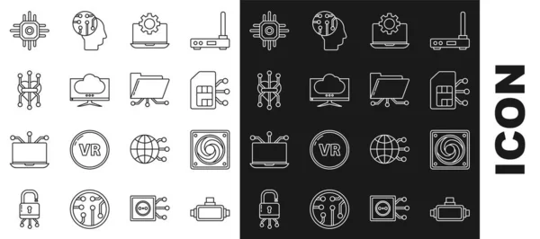 Set line Virtual reality glasses, Computer cooler, Sim card, Laptop and gear, monitor screen, Processor, and Folder lock icon. Vector — Vector de stock
