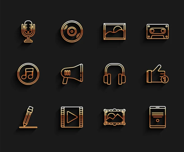 Set line Pencil with eraser, Play Video, Microphone, Picture landscape, Tablet, Megaphone, Hand like and Headphones icon. Vector —  Vetores de Stock