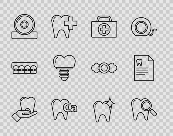 Set line Zahn, Zahnsuche, Verbandskasten, Kalzium für Zahn, HNO-Reflektor, Implantat, Bleaching-Konzept und Klemmbrett mit Zahnkartensymbol. Vektor — Stockvektor