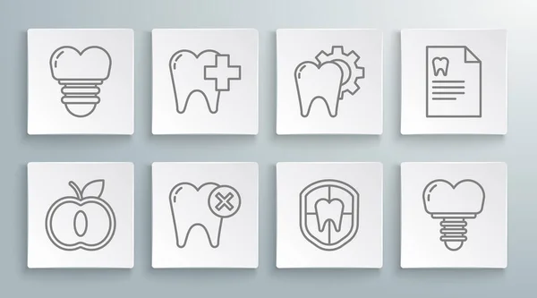 Set Linie Apple, Zahnklinik für Zahnpflege Zahn, Zahn mit Karies, Schutz, Implantat, Behandlungsverfahren, Klemmbrett-Karte und Symbol. Vektor — Stockvektor