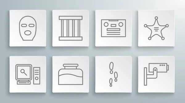 Set line Search on computer screen, Prison window, Inkwell, Footsteps, Security camera, Retro audio cassette tape, Hexagram sheriff and Thief mask icon. Vector — стоковий вектор