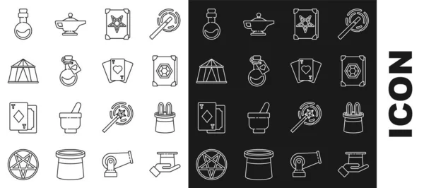 Set line Magician hat in hand, rabbit ears, Ancient magic book, Bottle with love potion, Circus tent, and Playing cards icon. Vector — Vetor de Stock