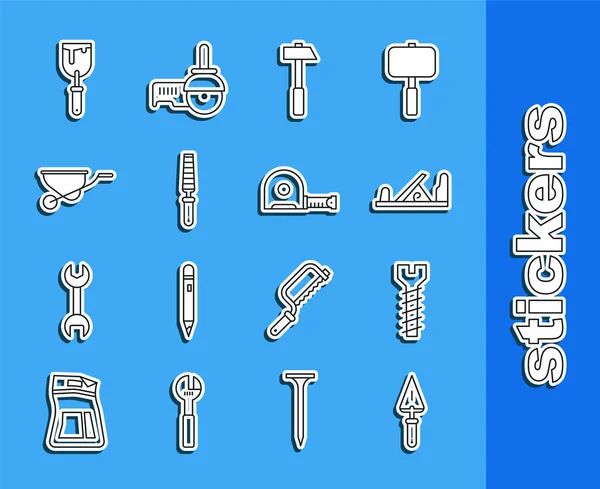 Çizgi Trowel, metal vida, tahta uçak aleti, çekiç, tahta keski, el arabası, macun bıçağı ve rulet inşaat ikonu. Vektör