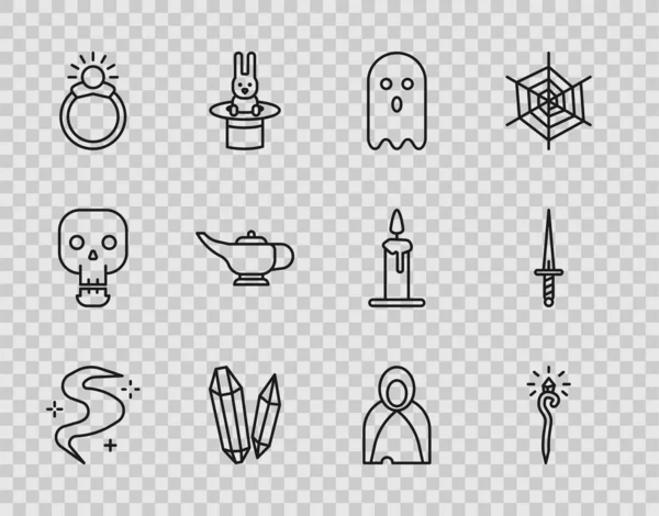 Set line Magic fog or smoke, staff, Ghost, stone, ring with gem, lamp Aladdin, Mantle, cloak, cape and Dagger icon. Vector — Vetor de Stock