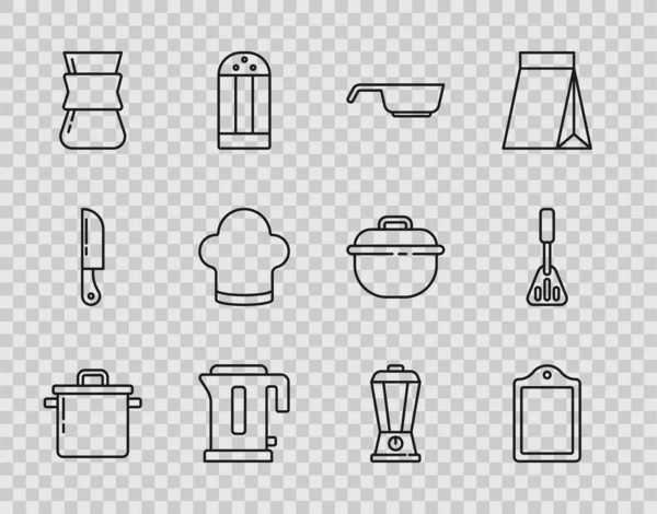 Hattı kur, yemek pişirme kabı, kesme tahtası, kızartma tavası, elektrikli su ısıtıcısı, Türk kahvesi, Şef şapkası, blender ve Spatula ikonu. Vektör