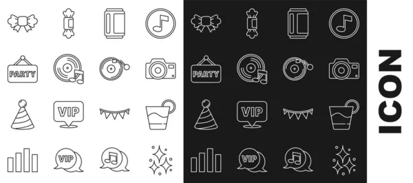Set line Firework, Cocktail, Photo camera, Beer can, Vinyl disk, Signboard party, Bow tie and player with icon. Vector — Vetor de Stock