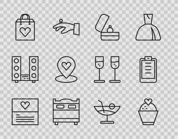 Set line Greeting card, Wedding cake with heart, rings, Bedroom, Shopping bag, Location, Cocktail and Clipboard checklist icon. Vector — Stock Vector