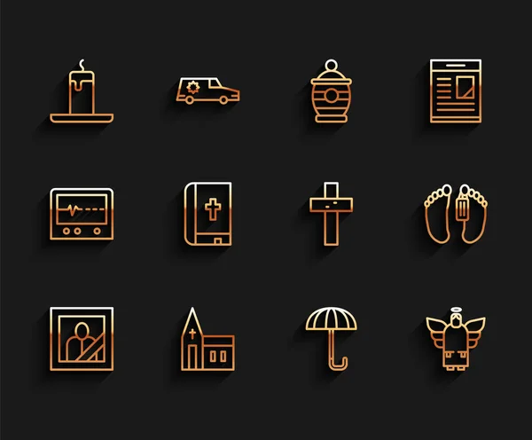 Set line Mourning photo frame, Church building, Burning candle, Umbrella, Christmas angel, Holy bible book, Dead body and Christian cross icon. Vector —  Vetores de Stock
