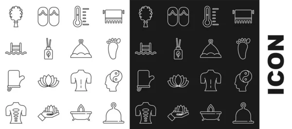 Set line saunový klobouk, Yin Yang, masáž nohou, teploměr, difuzor vůně, bazén s žebříkem, koště a ikona. Vektor — Stockový vektor
