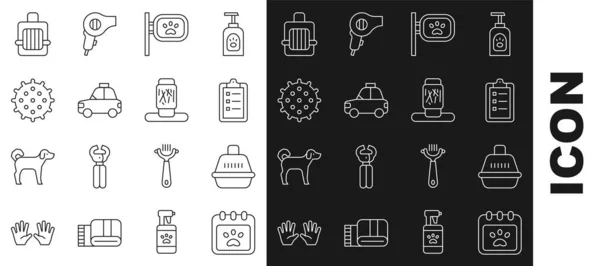 Set line Calendar grooming, Pet carry case, Grooming salon price list, taxi, Tennis ball, and Cat scratching post icon. Vector — Image vectorielle