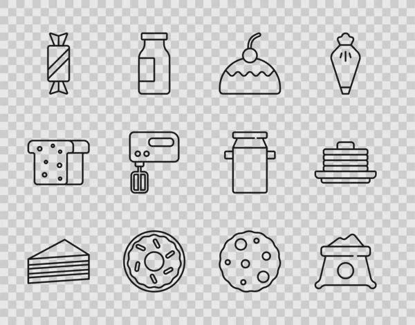 Set line Cake, Bag of flour, Donut, Candy, Electric mixer, Cookie or biscuit and Stack pancakes icon. Vector — стоковый вектор