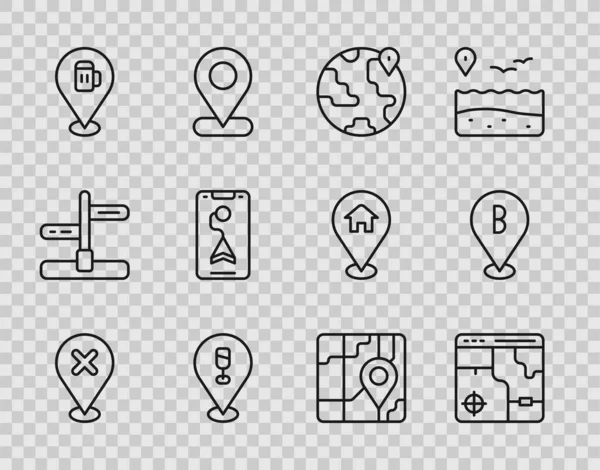 Set line Locatie met kruismarkering, Infographic van de stadsplattegrond, de wereldbol, Alcohol of bier bar locatie, City navigation, en pictogram. Vector — Stockvector