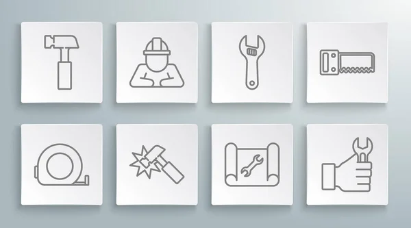 Set line Roulette construction, Builder, Hammer, Graphing paper and wrench, Wrench spanner, Adjustable, Hand saw and icon. Vector —  Vetores de Stock