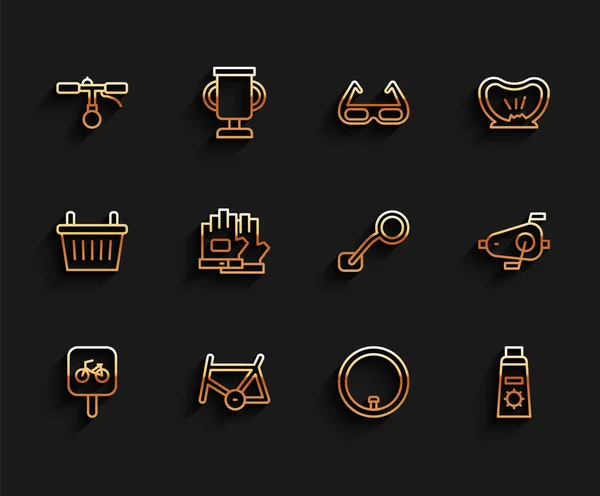 Set line Bicycle parking, frame, handlebar, wheel, Sunscreen cream tube, Gloves, pedals and rear view mirror icon. Vector — 스톡 벡터