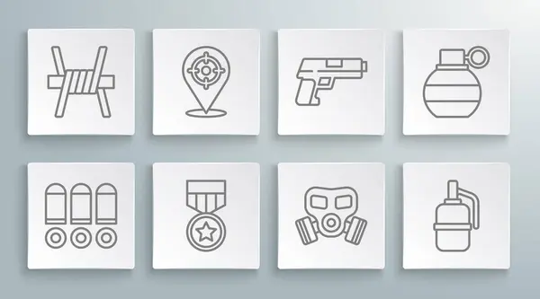 Set line Bullet, Target sport, Military reward medal, Gas mask, Hand grenade, Pistol gun, and Barbed wire icon. Vector — стоковый вектор