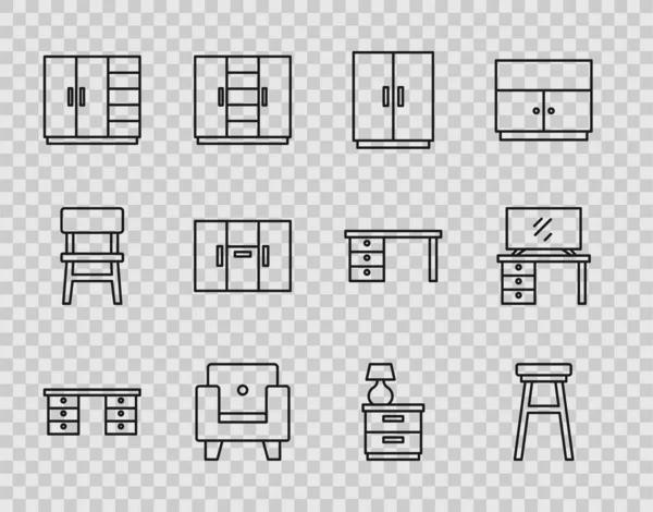 Ofis masası, sandalye, gardırop, Kol sandalyesi, lambalı mobilya sehpası ve televizyon masası ikonu. Vektör