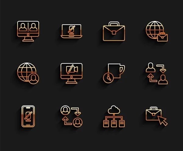 Set line Mute microphone on mobile, Project team base, Video chat conference, Online working, camera Off computer, and Time management icon. Vector — ストックベクタ