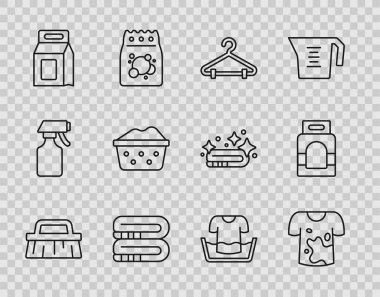 Temizlik için sıra fırçası, Kirli tişört, Askı dolabı, Havlu yığını, Çamaşır deterjanı sabun köpüklü leğen ve ikon. Vektör