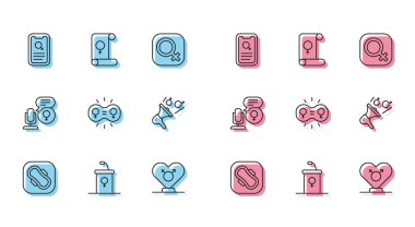 Hijyenik peçete, münazara kürsüsü, randevu uygulaması, cinsiyet, eşitlik, Feminist aktivist, Mikrofon ve Feminizm ikonu. Vektör