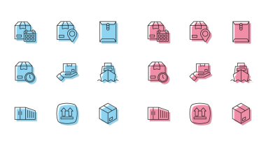 Çizgi Taşıyıcı, bu tarafı yukarı, takvimli karton kutu, karton karton karton, teslimat eli, kargo gemisi teslimatı, saat ve konum simgesi. Vektör