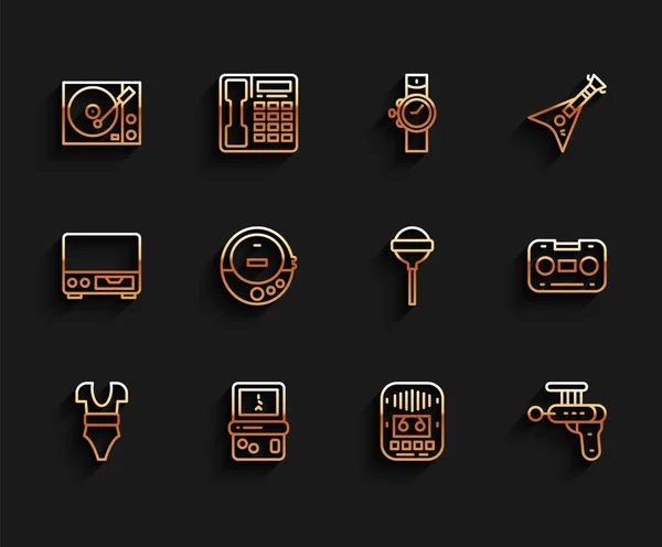 Set line Swimsuit, Tetris, Vinyl player, Cassette tape, Ray gun, Music CD, Retro audio cassette and Lollipop icon. Vector — 스톡 벡터